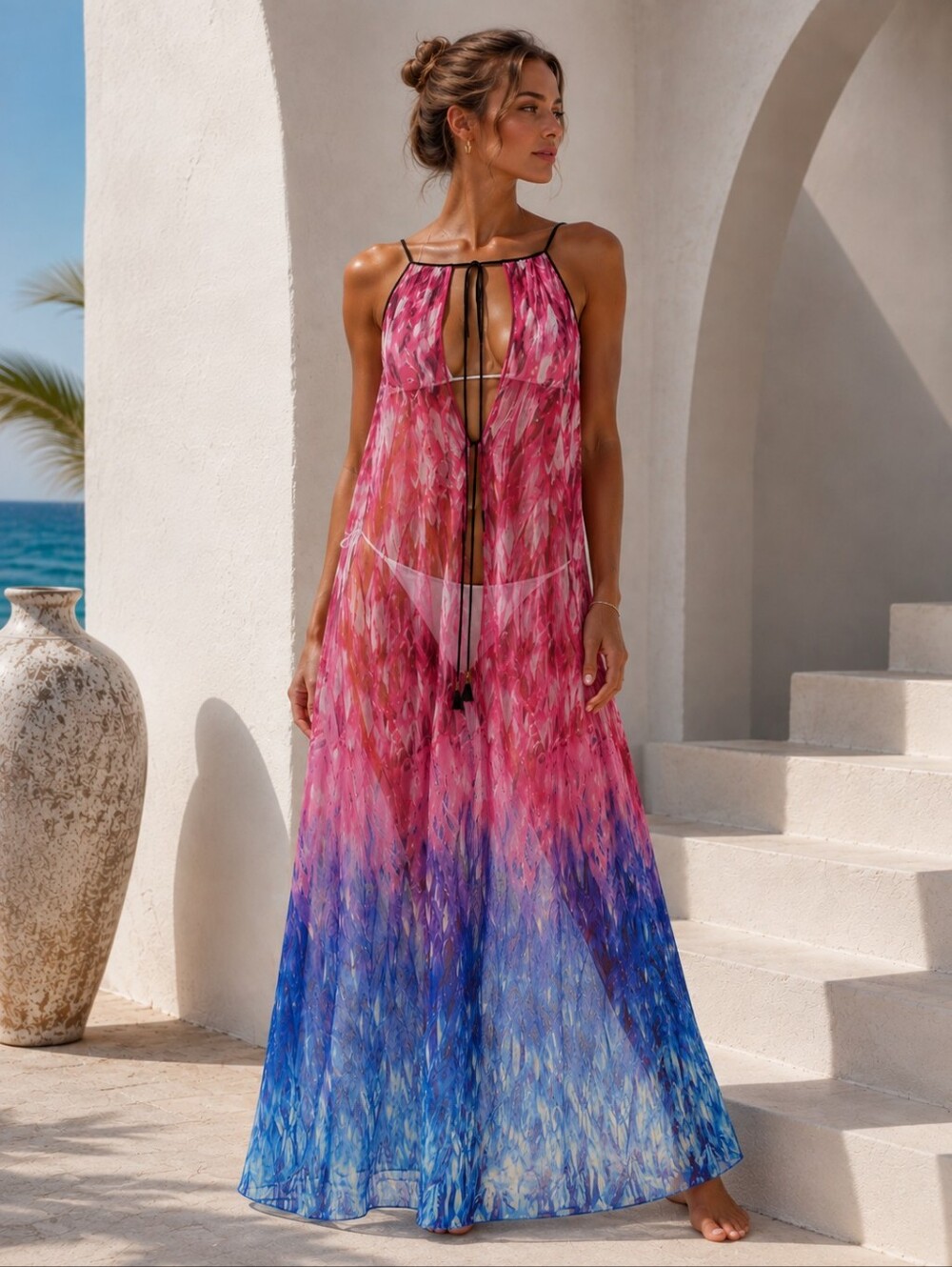 NWT Aqua Blu Australia Phoenix Pink Plunge Keyhole Maxi Dress Beach Cover Up S